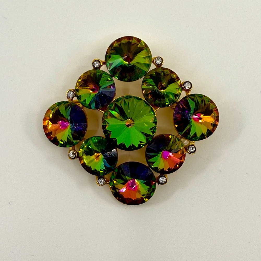 Weiss Green & Multi-Colored Rivoli Rhinestone Brooch Pin